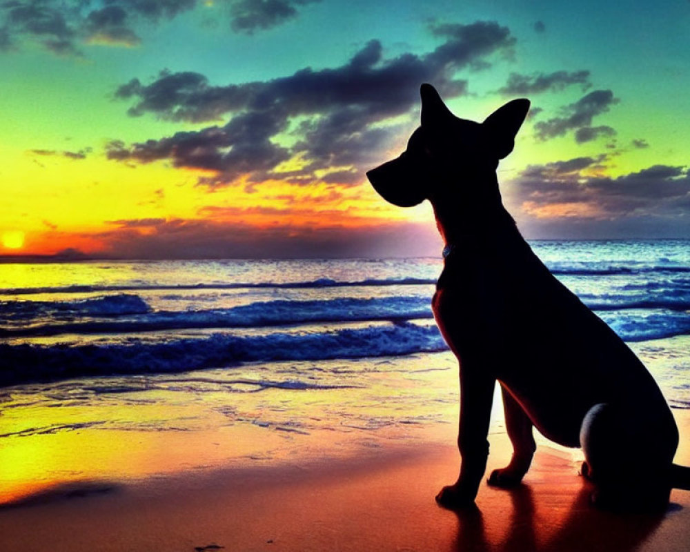 Silhouette of Dog on Beach at Sunset with Vibrant Orange and Blue Sky