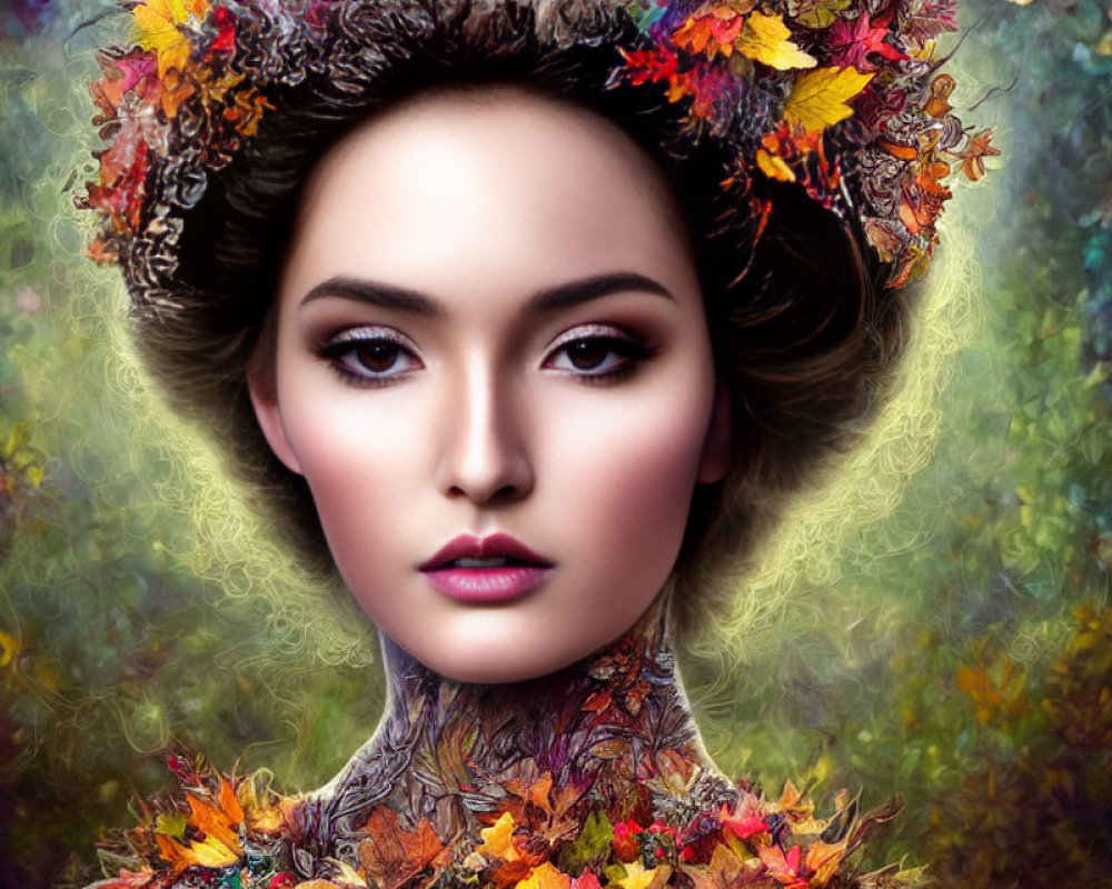 Portrait of Woman with Autumn Leaves in Hair Against Vibrant Floral Background