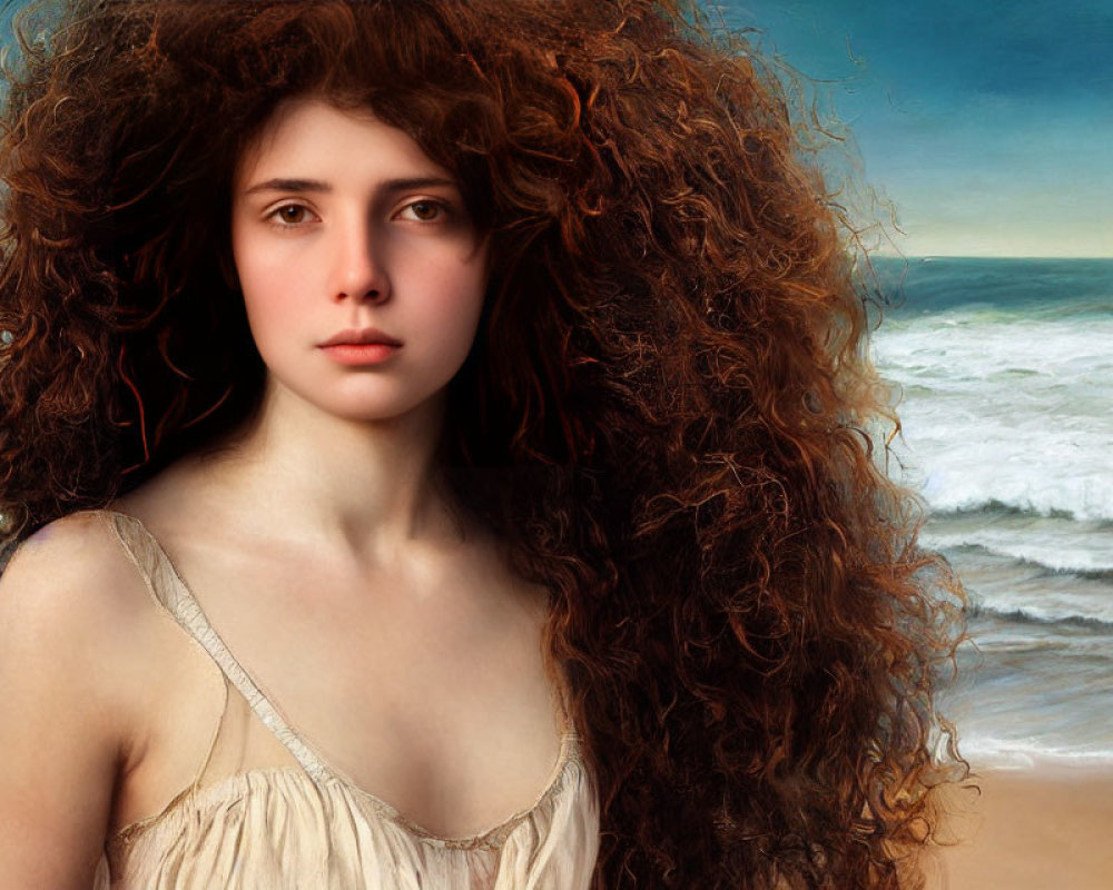 Portrait of a woman with curly auburn hair in cream dress by turbulent sea