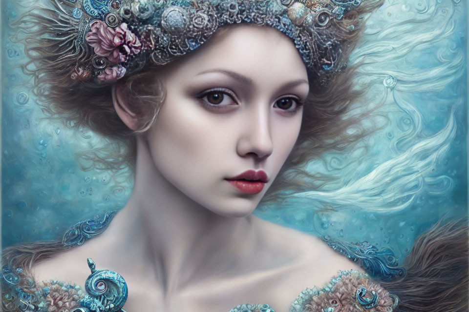 Surreal portrait of a woman with flowing hair and sea-themed adornments