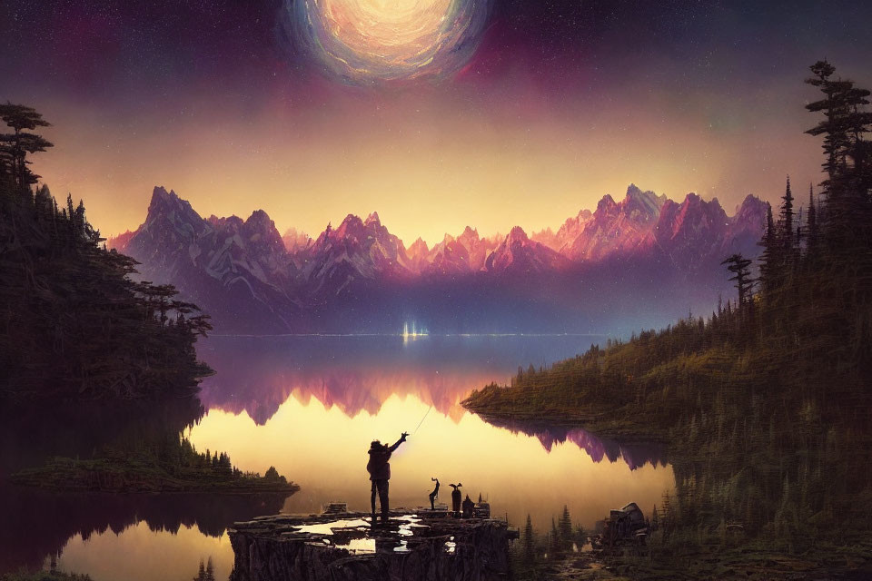 Person pointing to spiraling galaxy above serene lake and mountains under starry sky