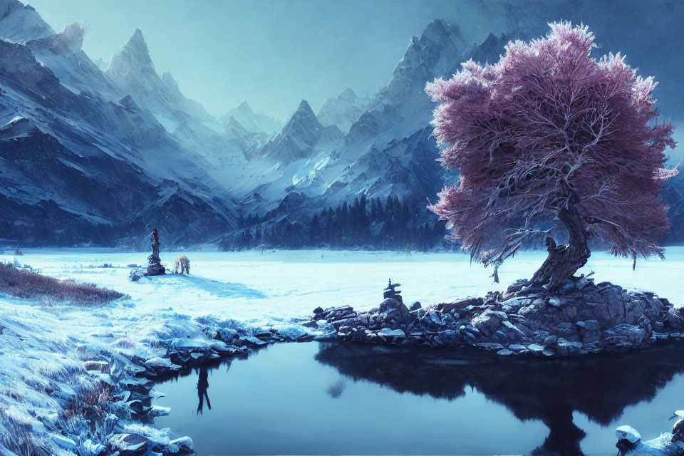 Frozen Lake Winter Landscape with Pink Tree and Figure with Dog