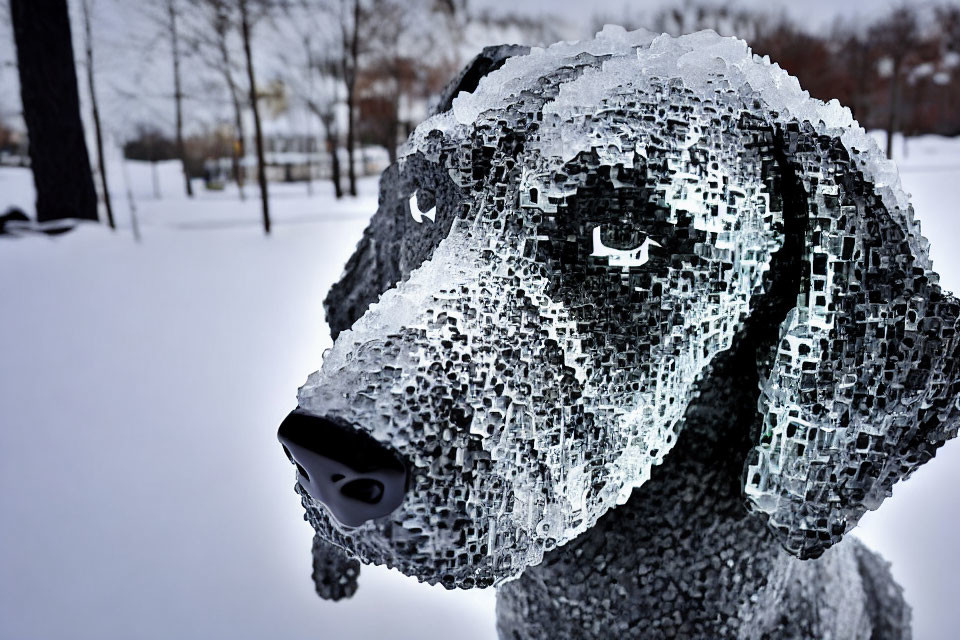 Detailed Close-Up of Clear and Black Ice Dog Sculpture