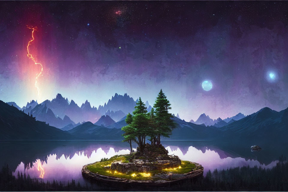 Nighttime lakeside landscape with mountains, island, vibrant sky, stars, nebulae, and