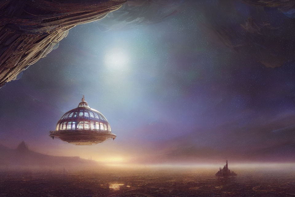 Fantastical landscape with glowing dome under starry sky