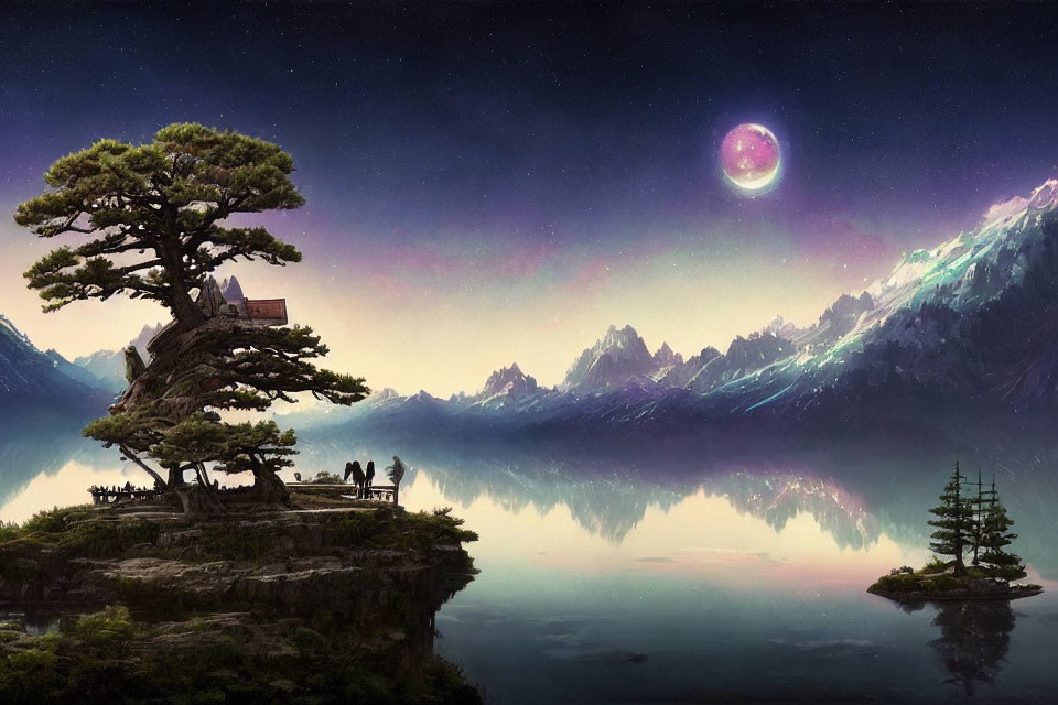 Vibrant pink and purple twilight landscape with full moon, reflective lake, mountains, and silhou