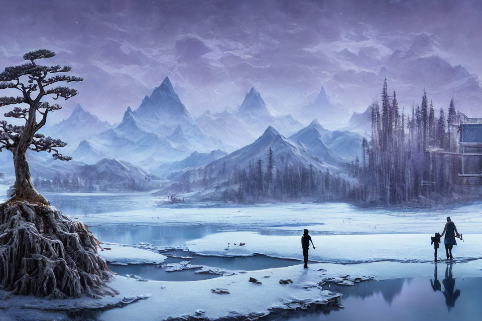 Fantasy winter landscape with ice skaters on frozen lake