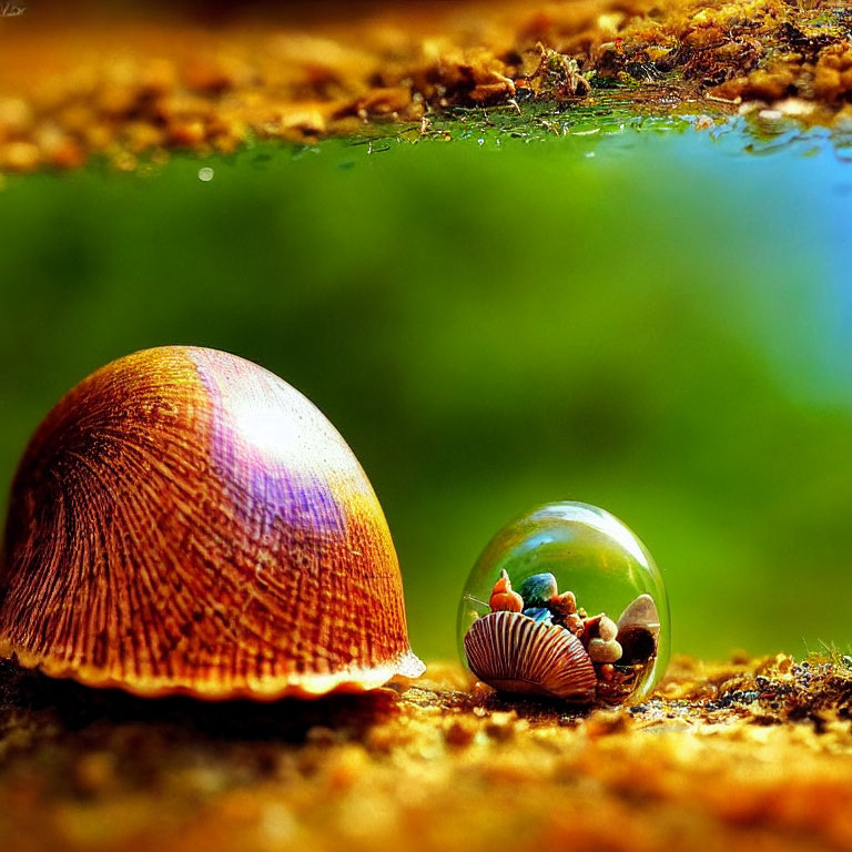 Hazelnut shell and reflective marble on colorful ground showcase miniature world