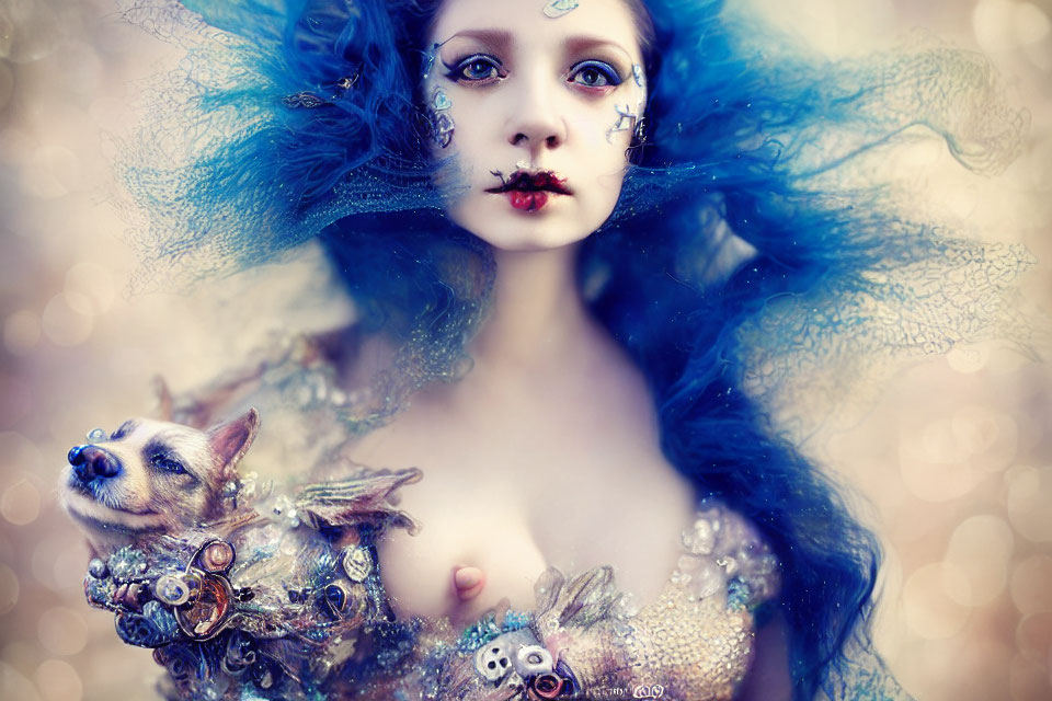 Vibrant blue hair woman with ornate makeup holding a small dog in shimmering bokeh.