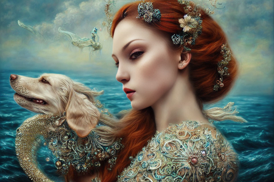 Red-Haired Woman in Ornate Attire with White Dog and Ocean Background