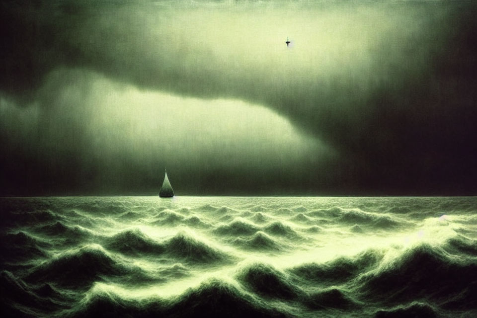 Sailboat on Green Waves under Stormy Sky