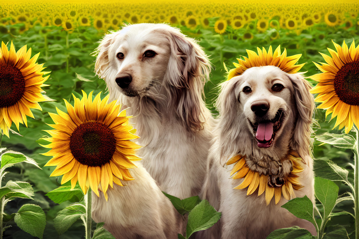 Golden retrievers with sunflowers in sunflower field