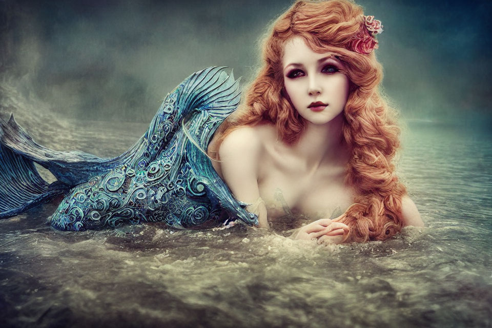 Mermaid Woman with Red Curly Hair Lying on Shore