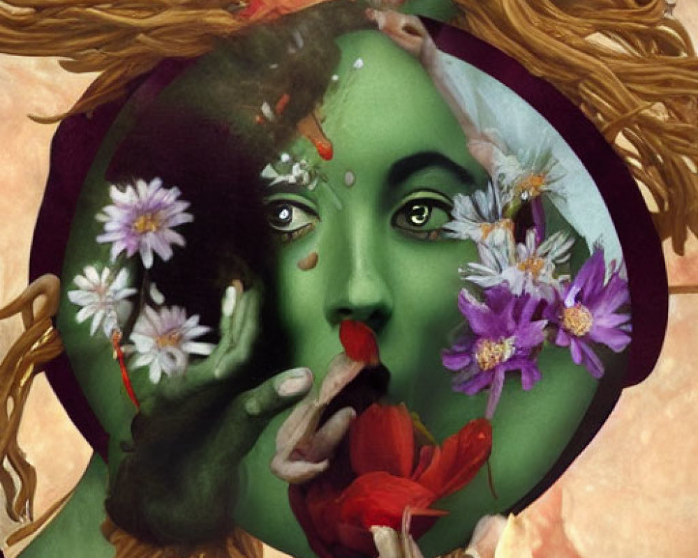 Green-faced surreal portrait with flowers, gold details, and abstract elements.