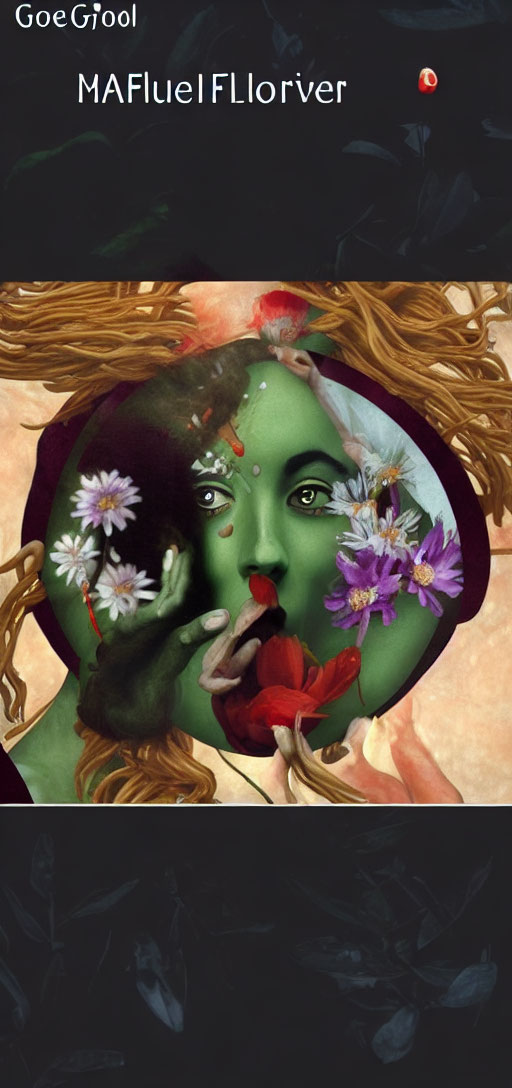 Green-faced surreal portrait with flowers, gold details, and abstract elements.