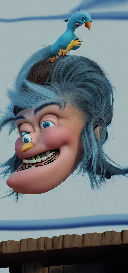 Cartoon-style image: Grinning face with blue hair and bird