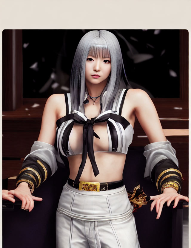 Anime character with silver hair and black & white outfit striking a confident pose