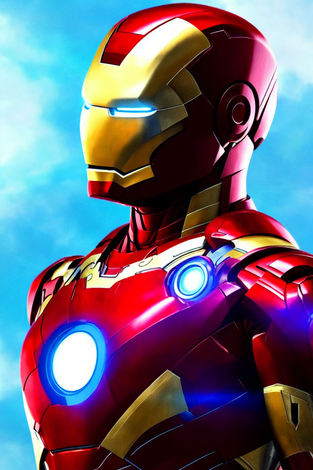 Detailed depiction of Iron Man suit's helmet and chest reactor on a blue sky backdrop