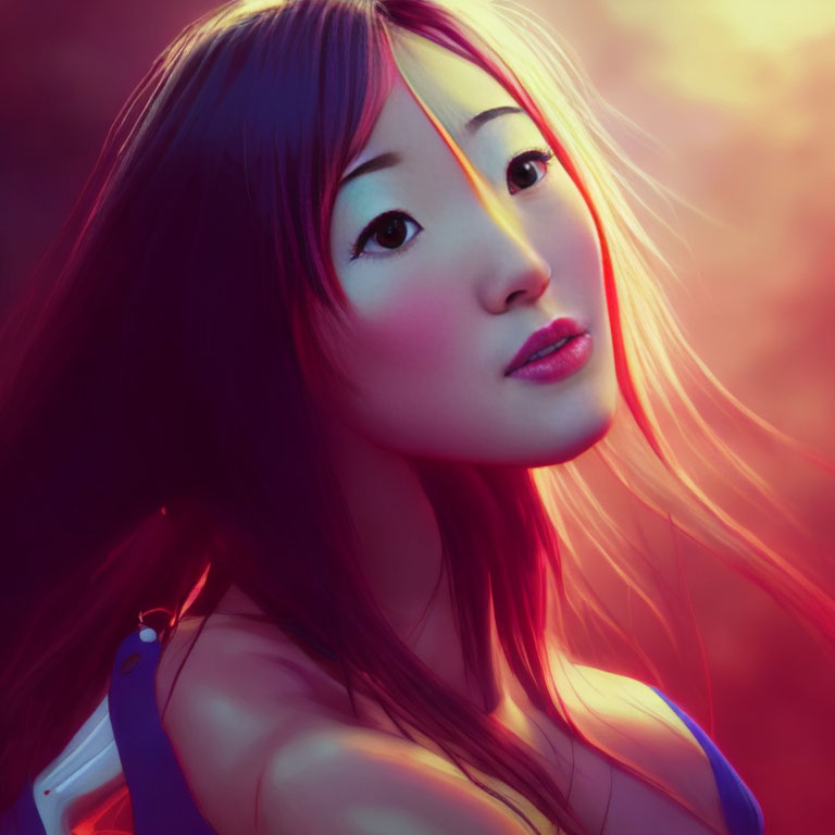 Digital portrait of woman with long dark hair and blue strap against warm pink and red backdrop