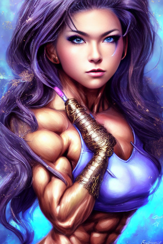 Illustration of muscular female character with violet hair and gold-wrapped hilt on blue and purple backdrop