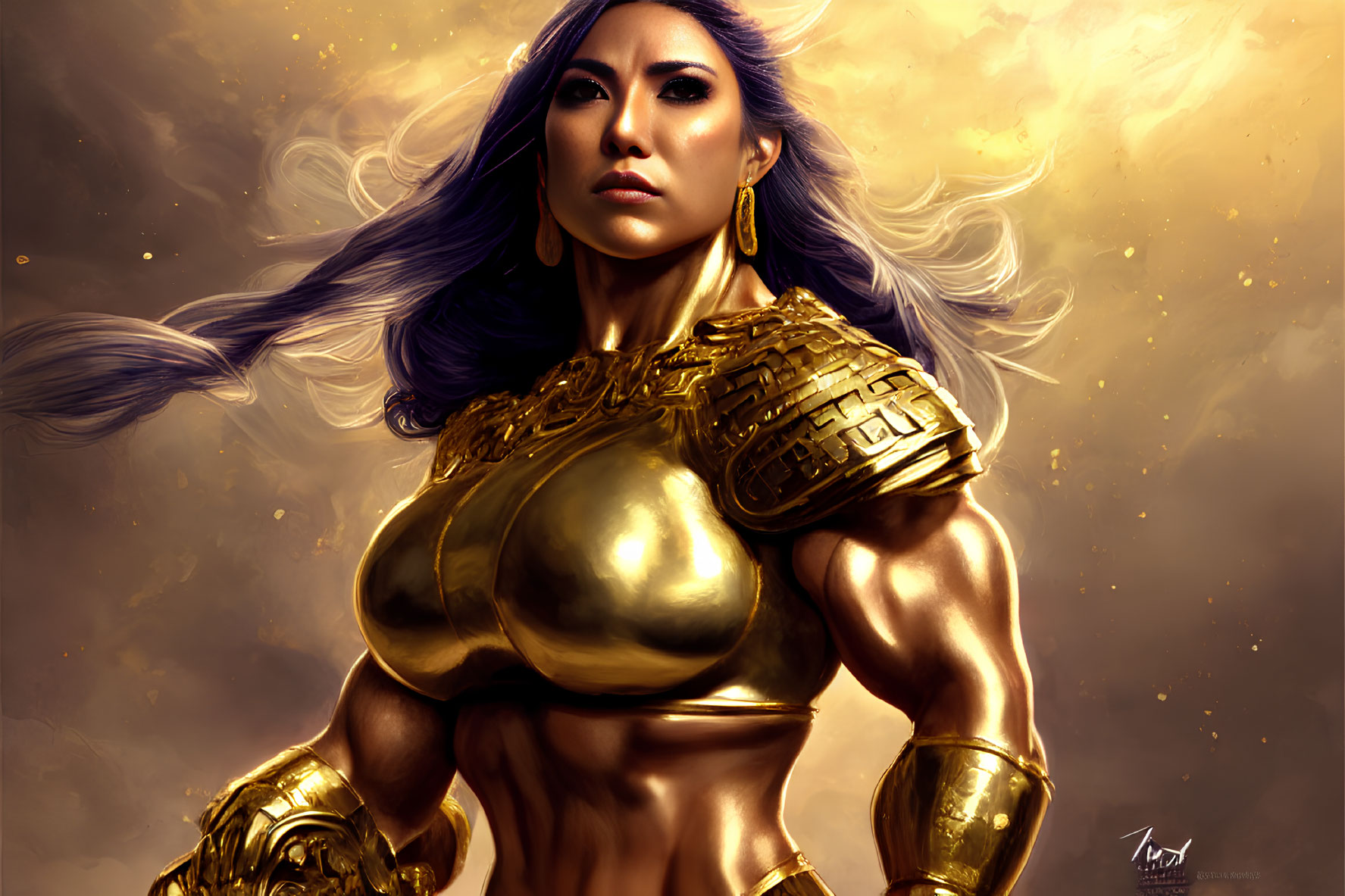 Muscular woman in golden armor with long purple hair on glowing background