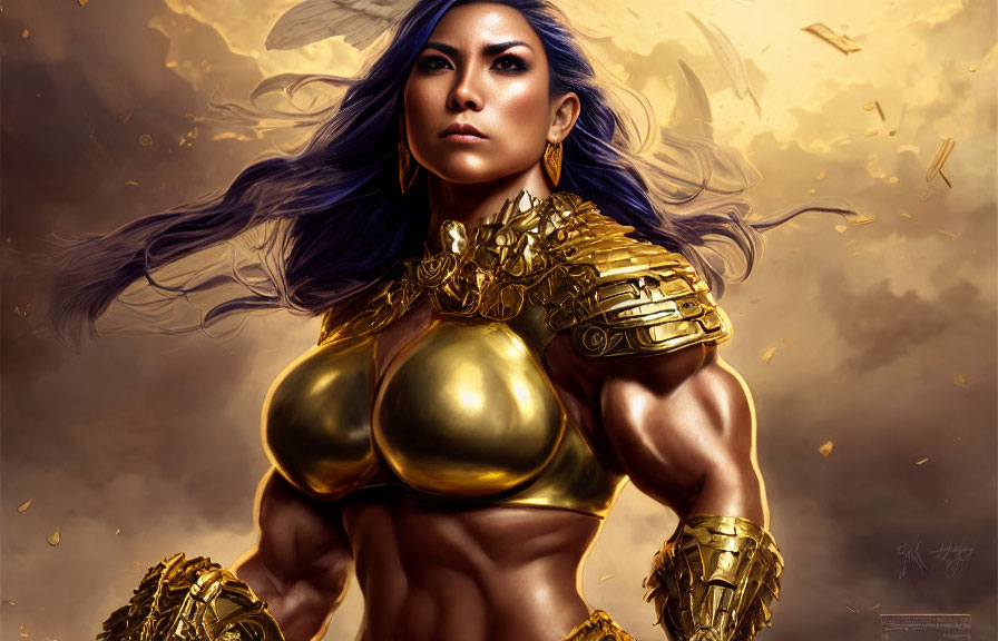 Purple-haired female warrior in golden armor and gauntlets in battle scene.