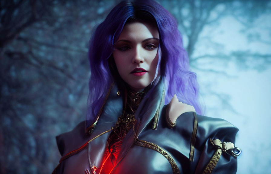 Purple-haired figure in fantasy armor in misty forest