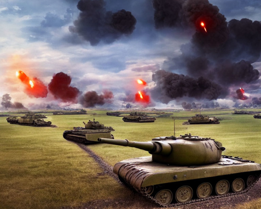 Military conflict scene with advancing tanks and explosions in smoky sky