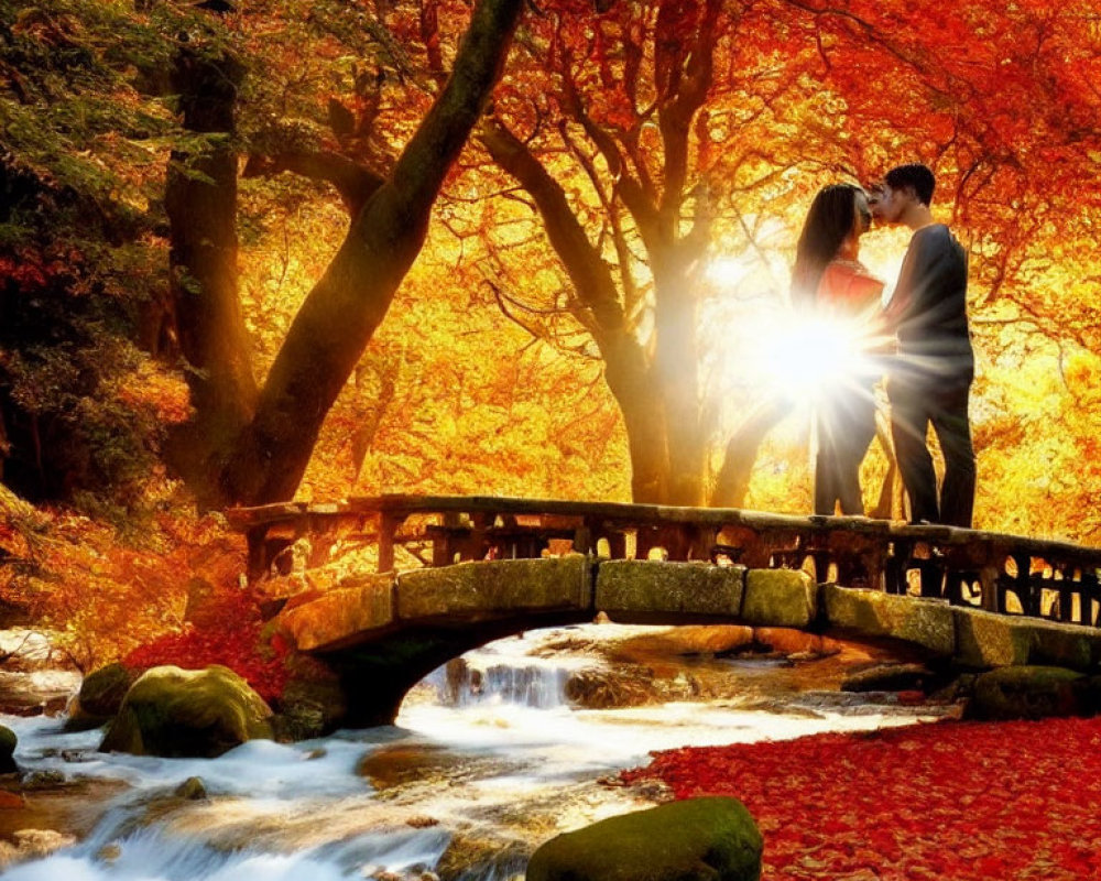 Couple standing on wooden bridge in autumn forest with golden leaves and stream