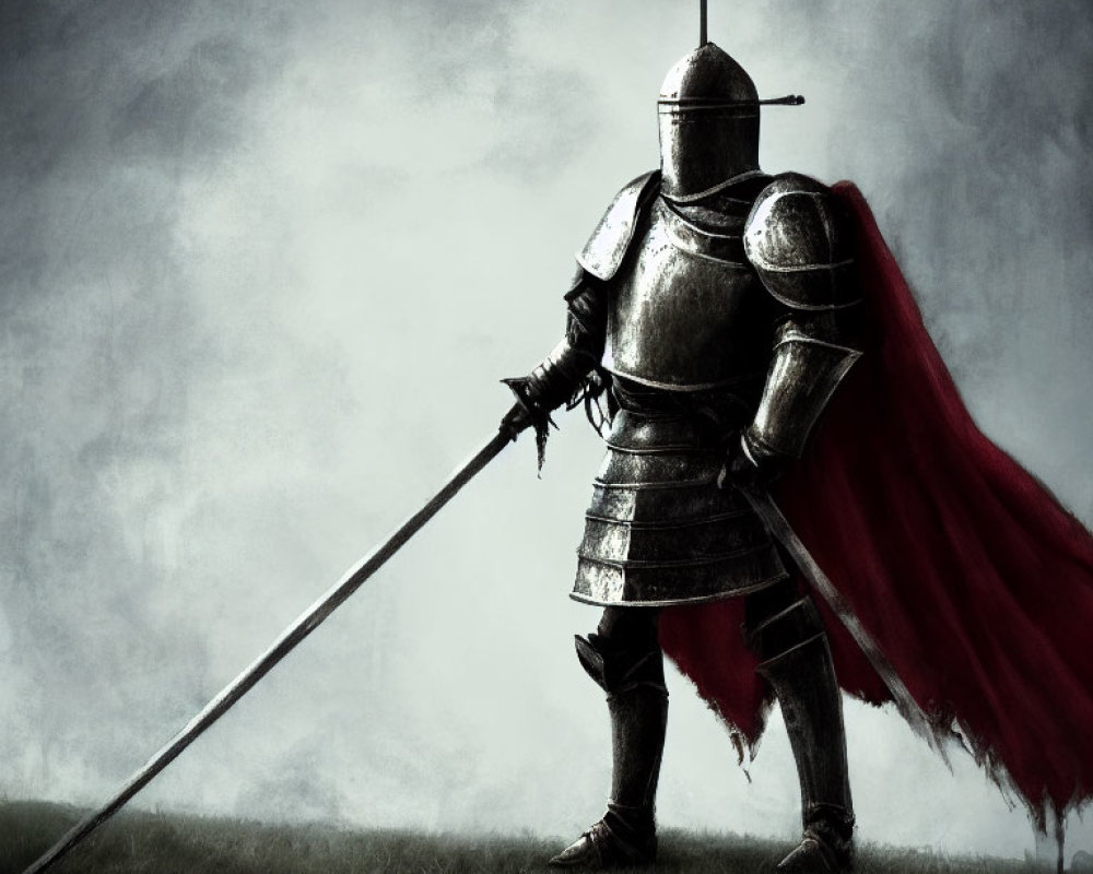 Medieval knight in full armor with lance and red cape on misty gray backdrop