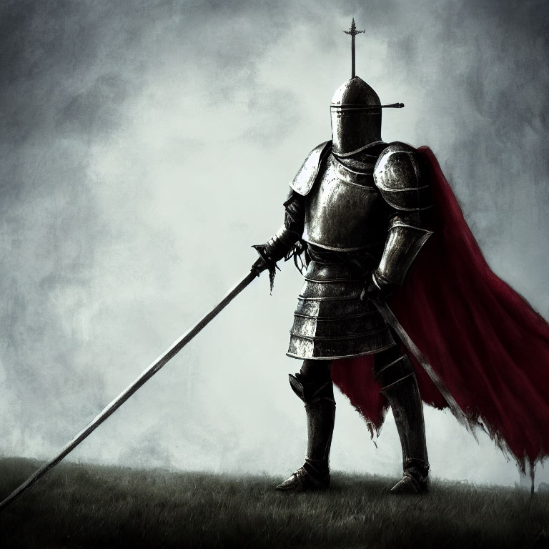 Medieval knight in full armor with lance and red cape on misty gray backdrop