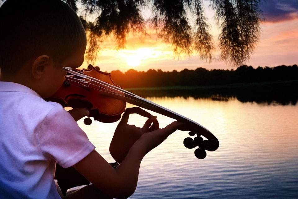 Child with violin by serene lake at sunset with willow branches