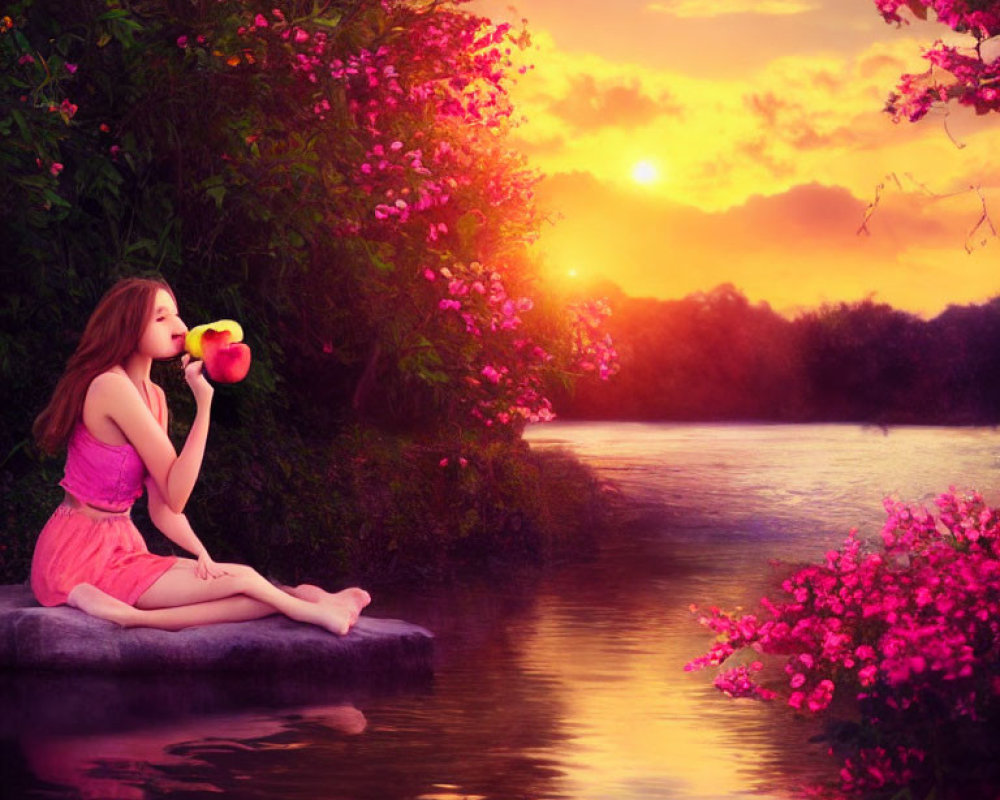 Girl in Pink Dress by River at Sunset with Apple and Pink Blossoms