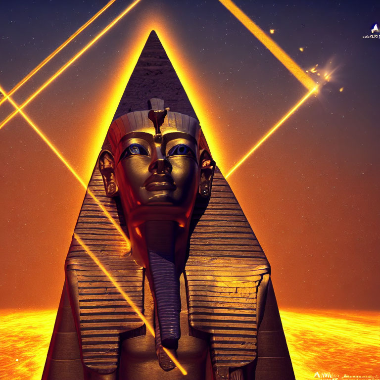 Illustration of pharaoh statue with glowing eyes in front of pyramid under starry sky