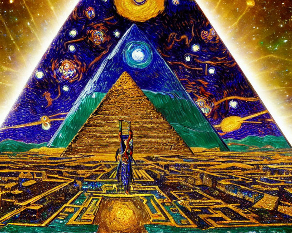 Colorful digital artwork: Pyramid shape with figure, celestial bodies, cosmic patterns against starry night sky