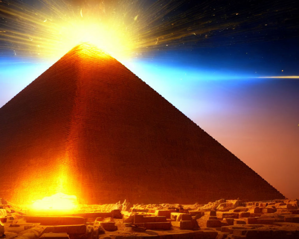 Majestic pyramid under starry sky with burst of light at apex