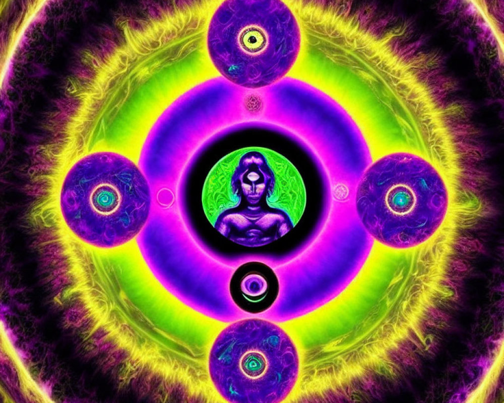 Colorful digital artwork: Meditative figure with radiant patterns and glowing orbs