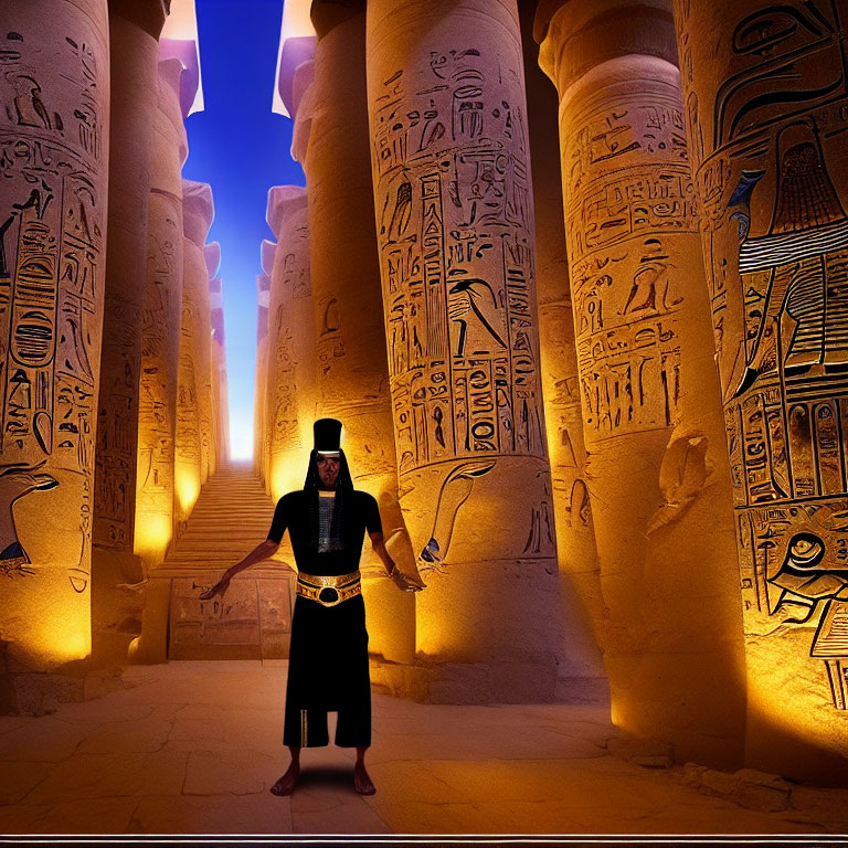 Ancient Egyptian attire in majestic columned corridor under dramatic sky