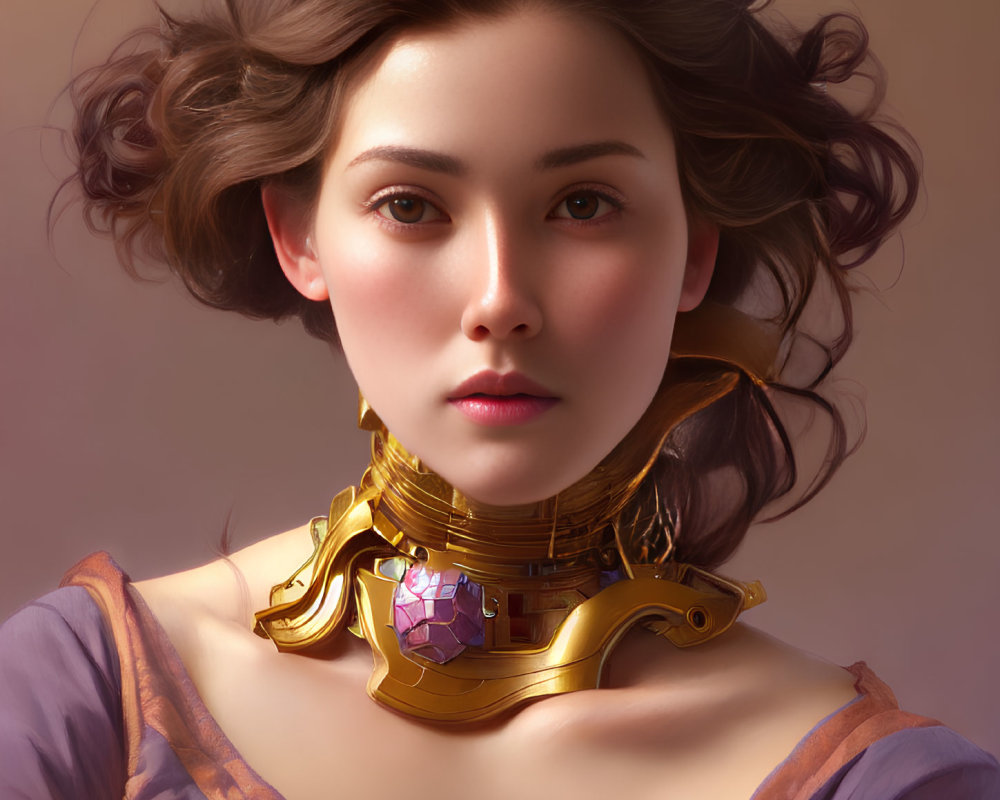 Detailed digital portrait of woman with flowing hair and futuristic golden neckpiece