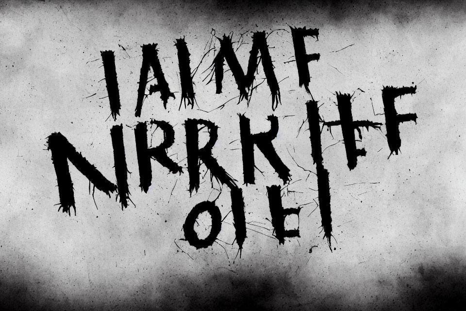 Gray textured background with black scratchy letters forming unclear message "JAIMF NRRK FF O