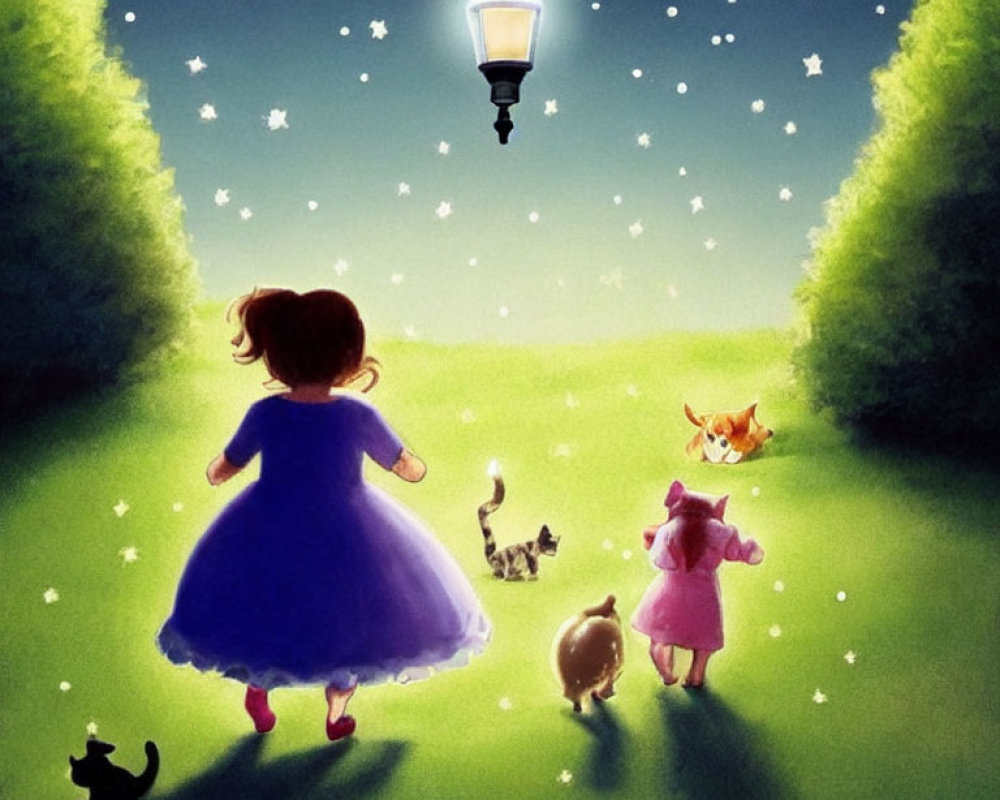 Whimsical illustration of girl, animals, and street lamp under starry sky