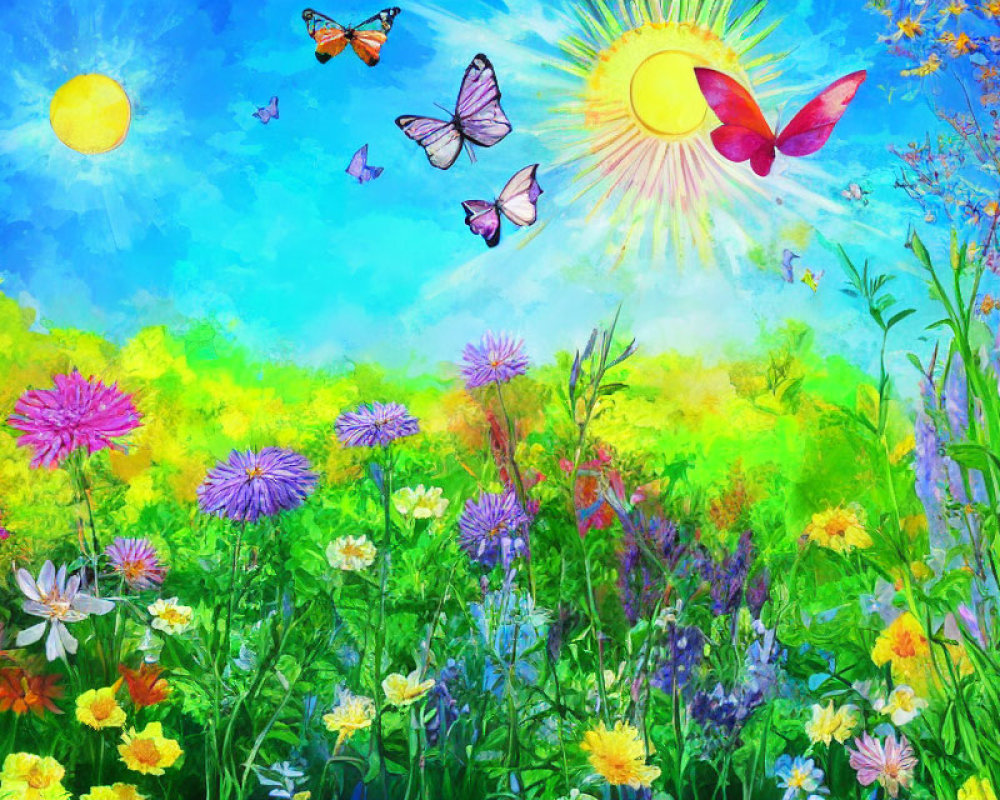 Colorful Meadow with Flowers, Butterflies, Sun, and Heart Under Blue Sky