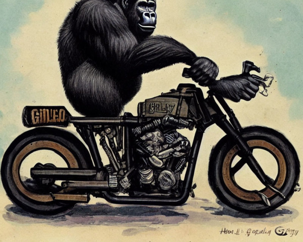 Detailed drawing: Gorilla on vintage motorcycle with whimsical twist