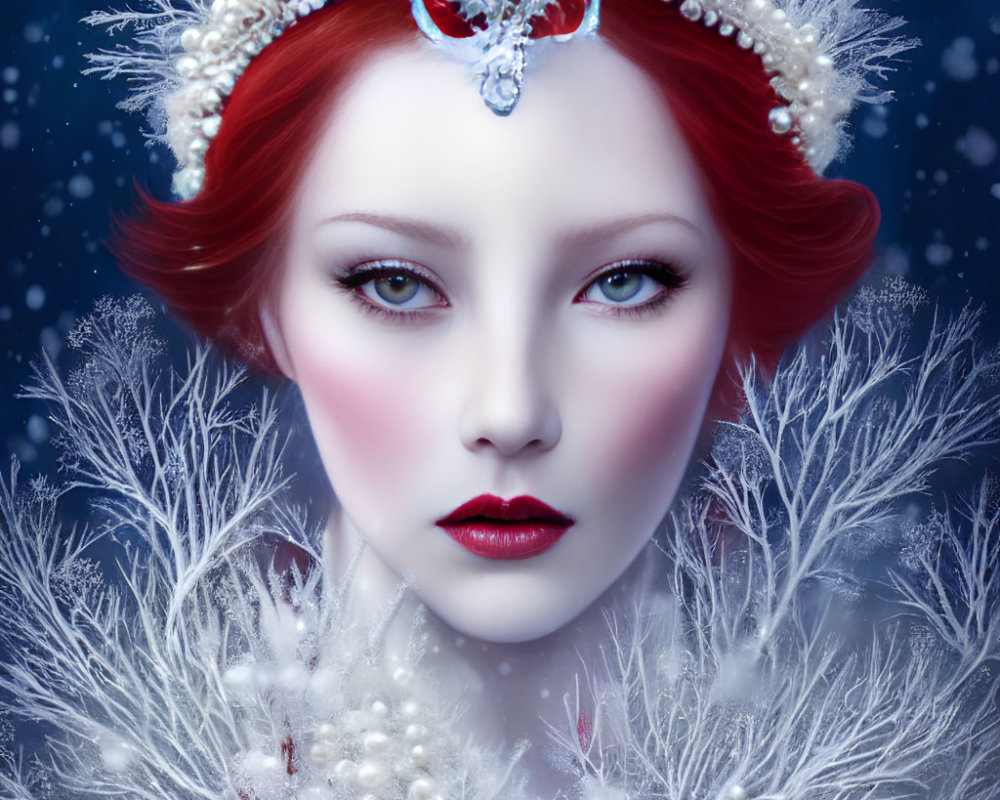 Red-haired woman portrait with pearl tiara, frost patterns, snowy branches