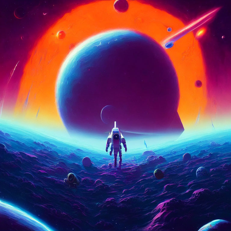 Astronaut on Purple Alien Landscape with Planet, Moons, and Comet