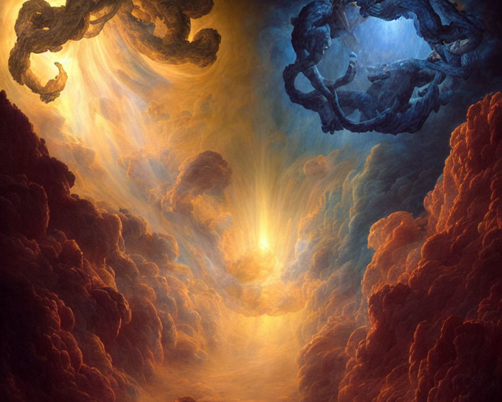 Ethereal image of bright light in swirling dark clouds