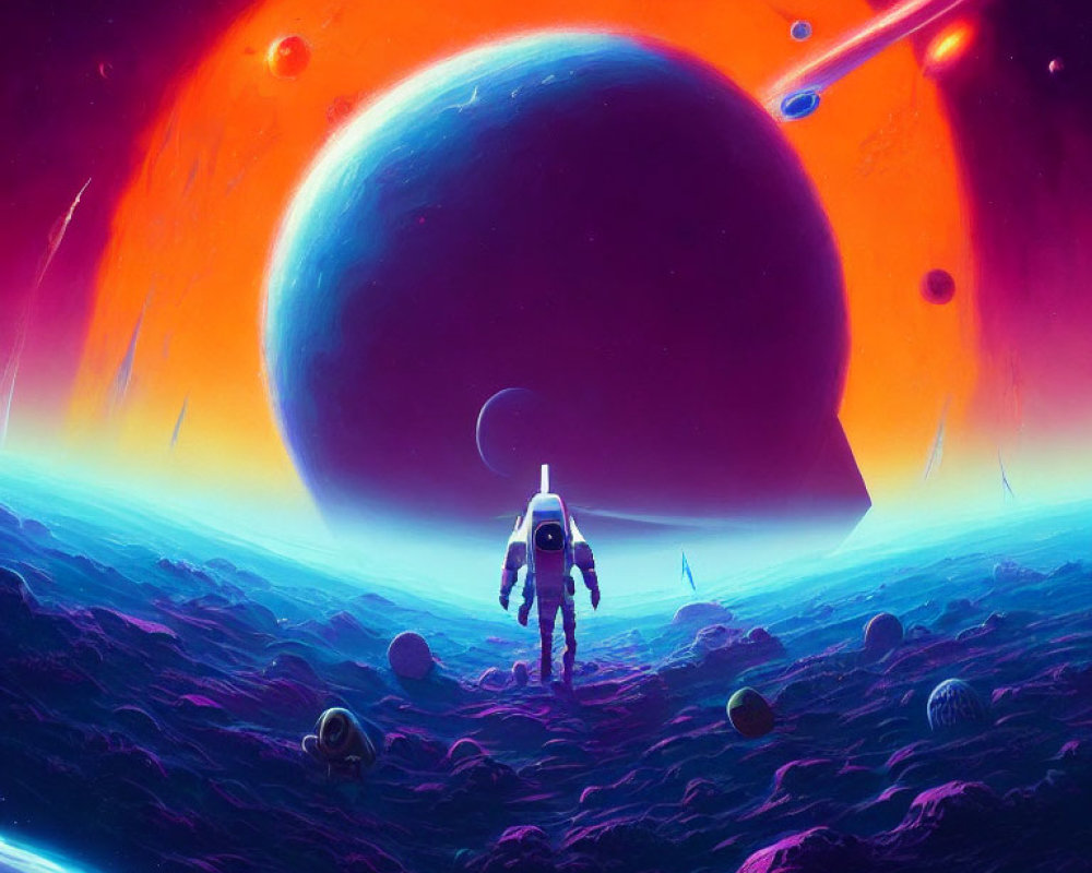 Astronaut on Purple Alien Landscape with Planet, Moons, and Comet