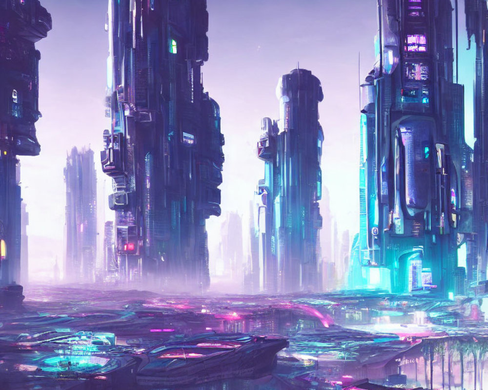 Futuristic cityscape with towering skyscrapers and neon lights