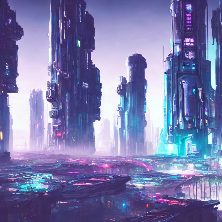 Futuristic cityscape with towering skyscrapers and neon lights