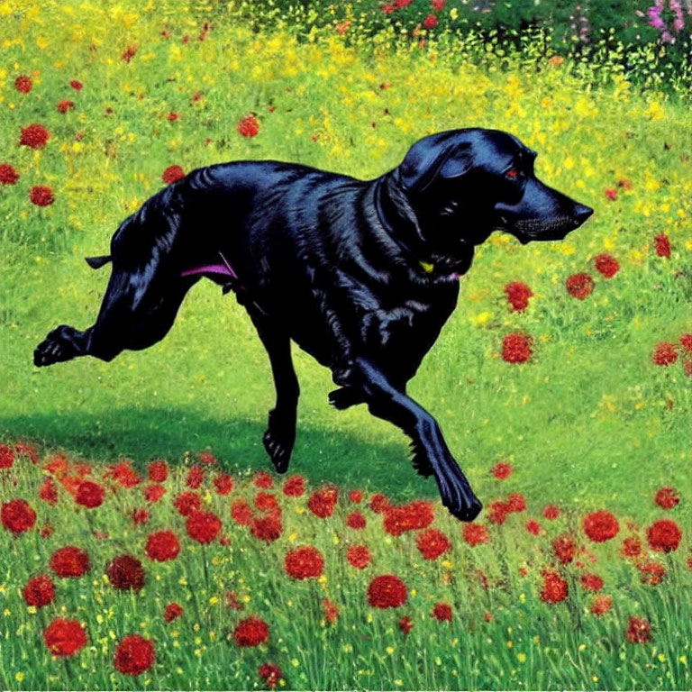 Black Dog Running in Colorful Wildflower Field